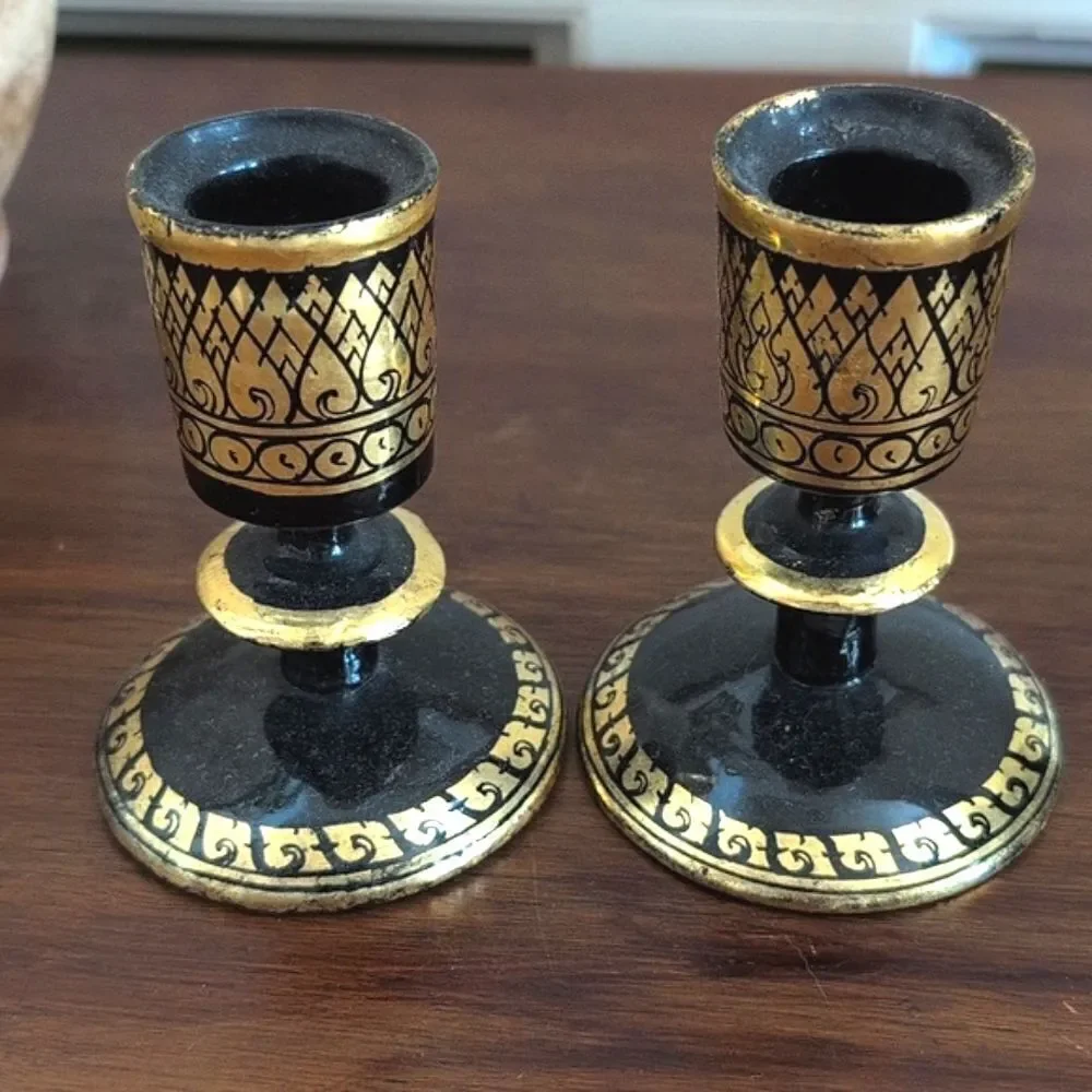 Elegant Black & Gold Hand Painted Khokhloma Russian Folk Art Candle Holders